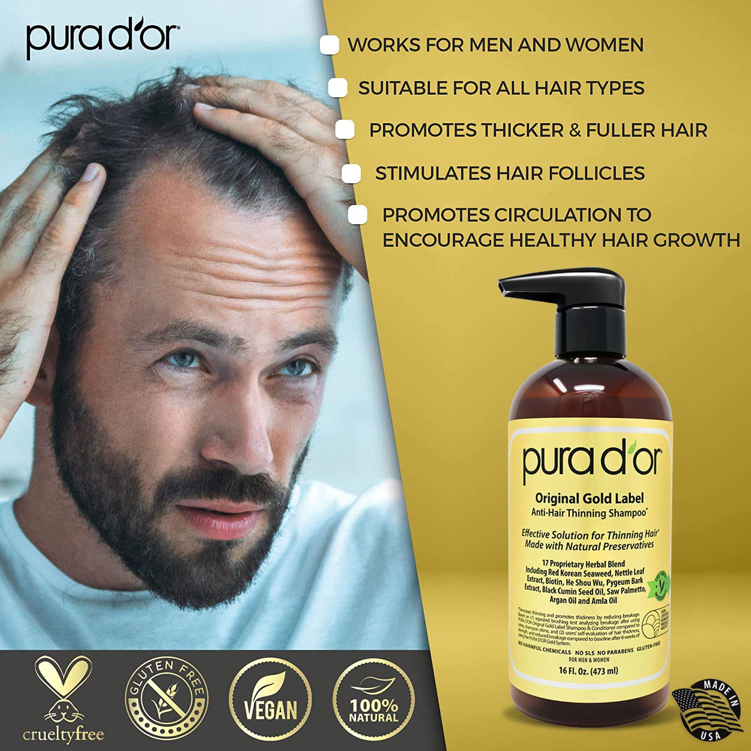 PURA D'OR ORIGINAL GOLD LABEL BIOTIN SHAMPOO - 16 OZ