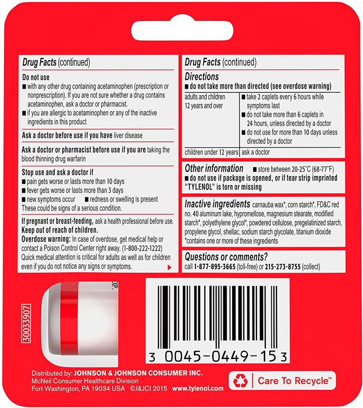 TYLENOL EXTRA STRENGTH - 12 PAKET