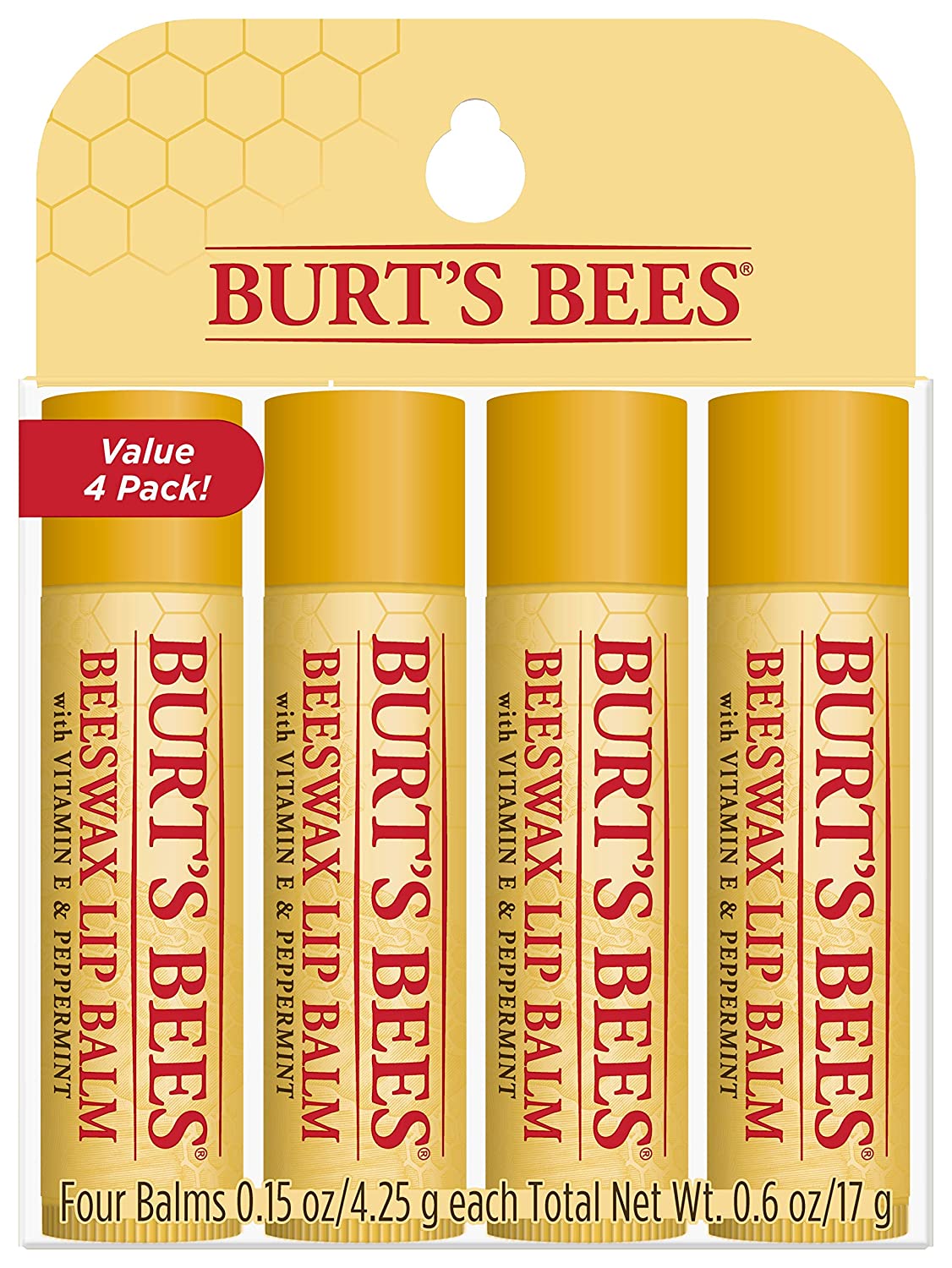BURTS BEES LIP BALM WITH VITAMIN E & PEPPERMINT OIL PACK - 4 PACKS