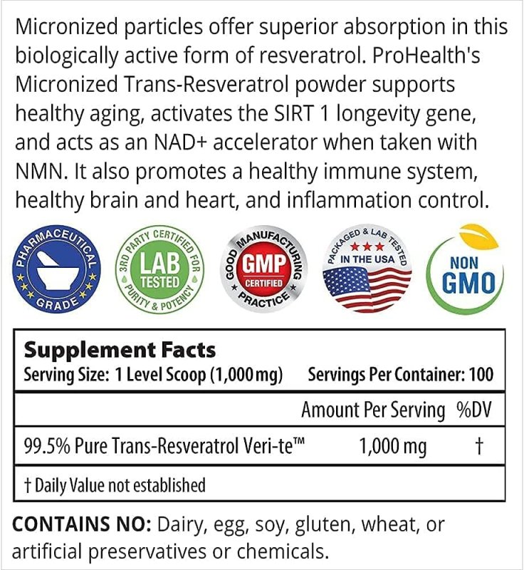 PROHEALTH LONGEVITY BULK MICRONIZED TRANS RESVERATROL - 100 G