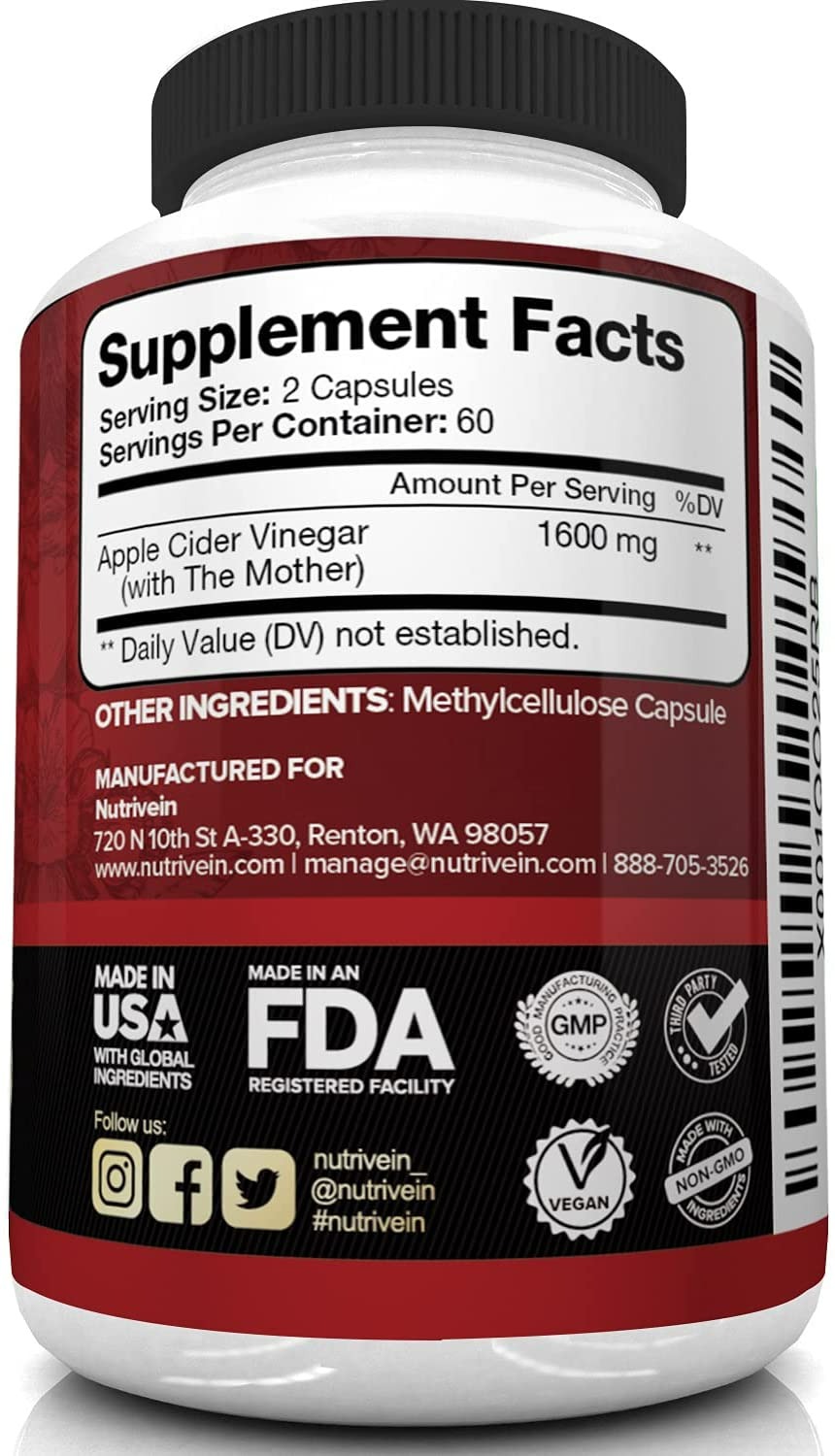 NUTRIVEIN APPLE CIDER VINEGAR CAPSULES - 120 CAPSULES