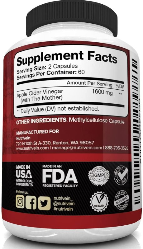 NUTRIVEIN APPLE CIDER VINEGAR CAPSULES - 120 CAPSULES