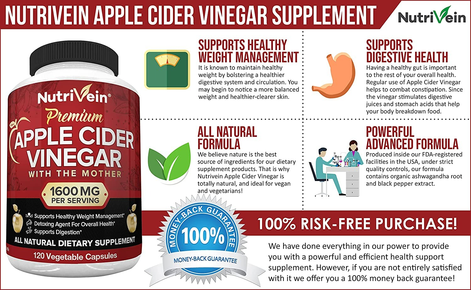 NUTRIVEIN APPLE CIDER VINEGAR CAPSULES - 120 CAPSULES