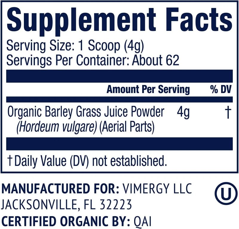 VIMERGY USDA ORGANIC BARLEY GRASS JUICE POWDER - 250 GR