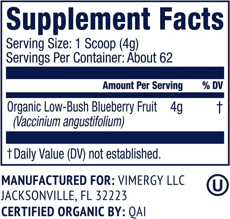 VIMERGY USDA ORGANIC WILD BLUEBERRY SUPPLEMENT POWDER - 250 GR