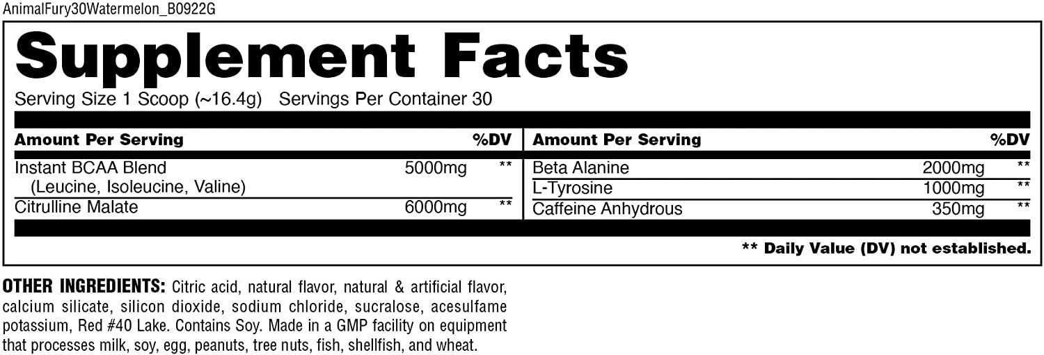ANIMAL FURY PRE WORKOUT POWDER SUPPLEMENT - 16.96 OZ