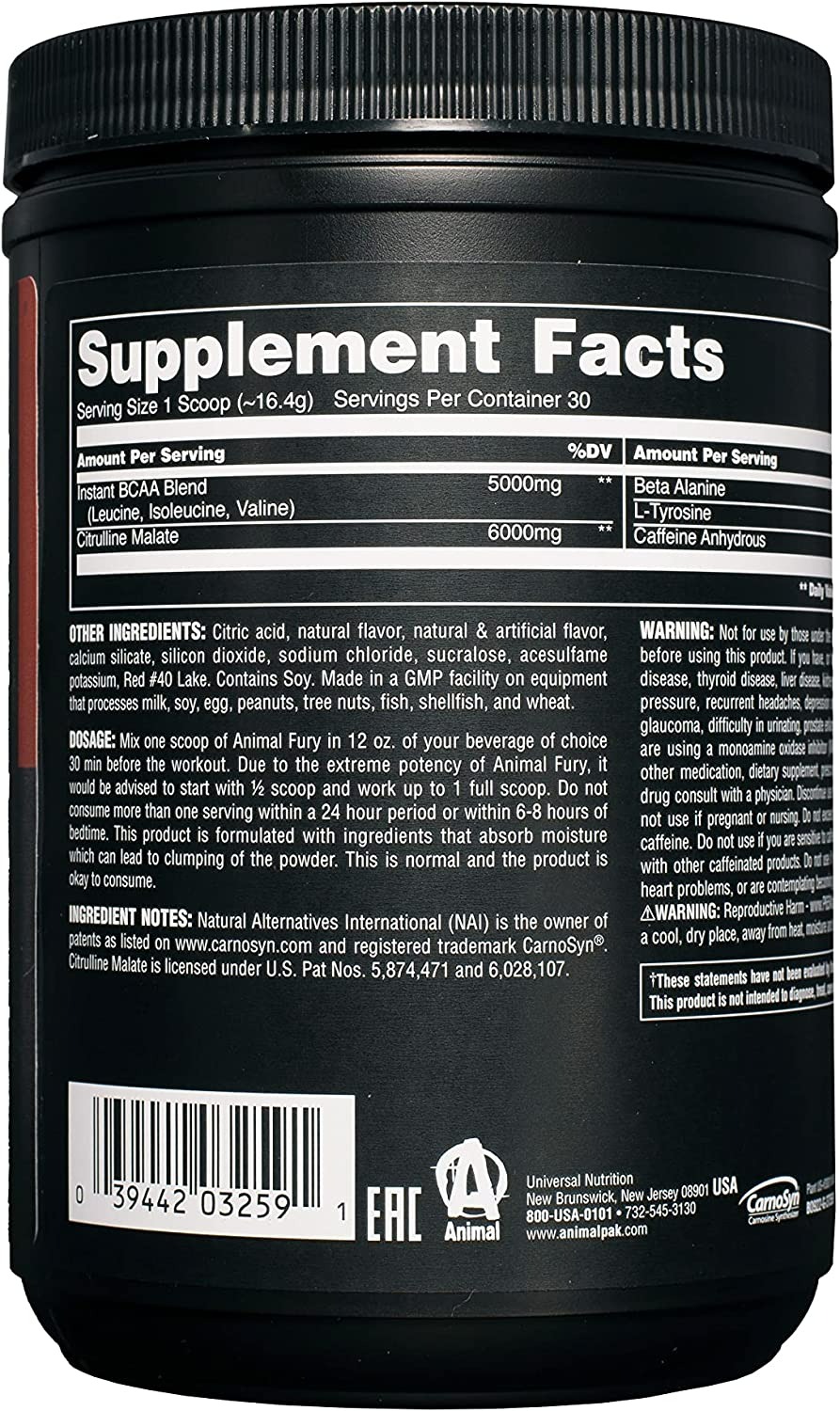 ANIMAL FURY PRE WORKOUT POWDER SUPPLEMENT - 16.96 OZ