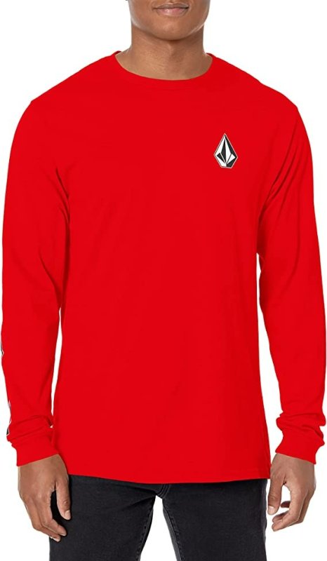 VOLCOM MEN'S ICONIC DEADLY STONES LONG SLEEVE T-SHIRT - KIRMIZI