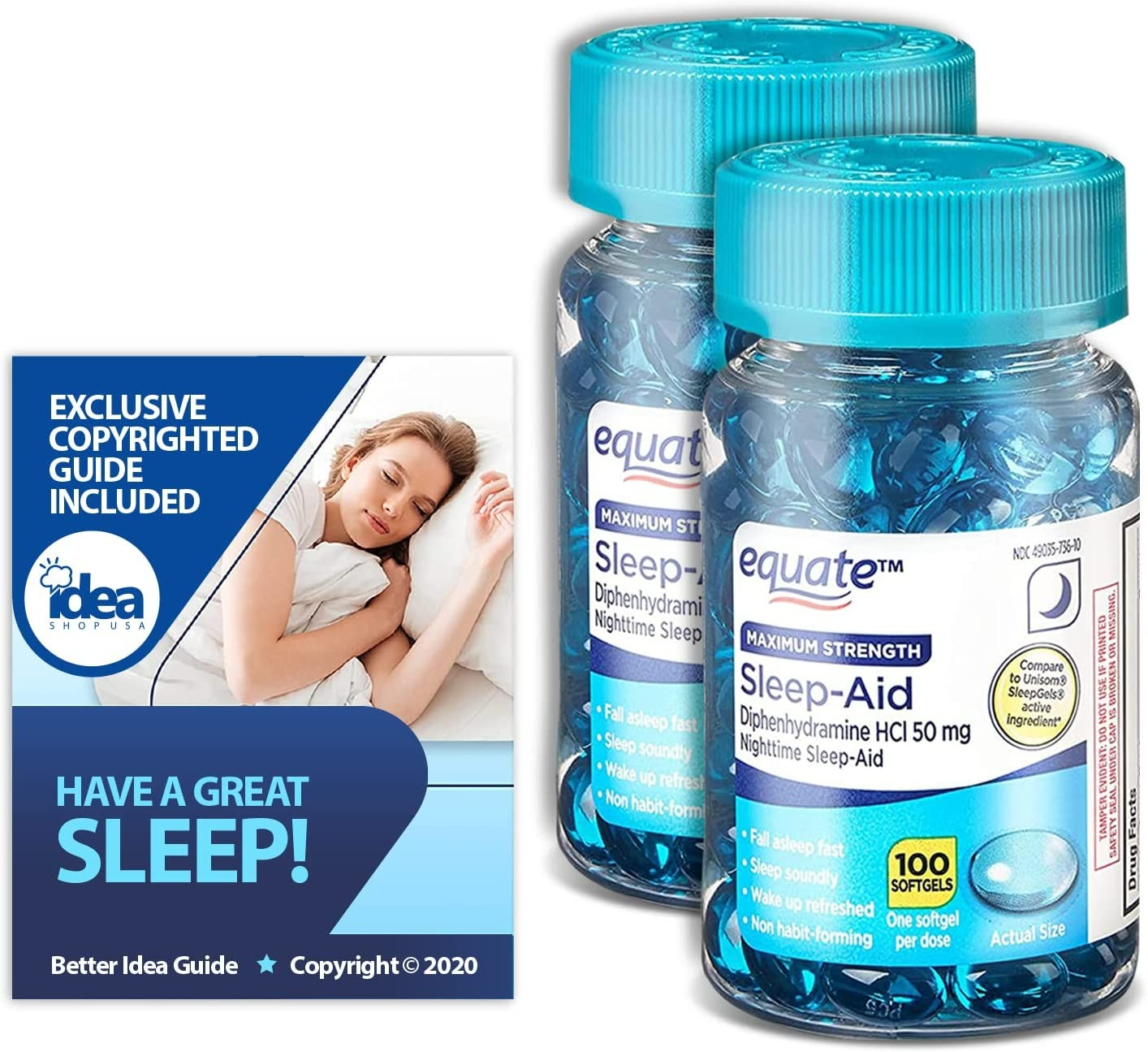 EQUATE MAXIMUM STRENGTH SLEEP-AID SOFTGELS 50 MG - 100 TANE - 2 ADET BUNDLE WITH EXCLUSIVE HAVE A GREAT SLEEP