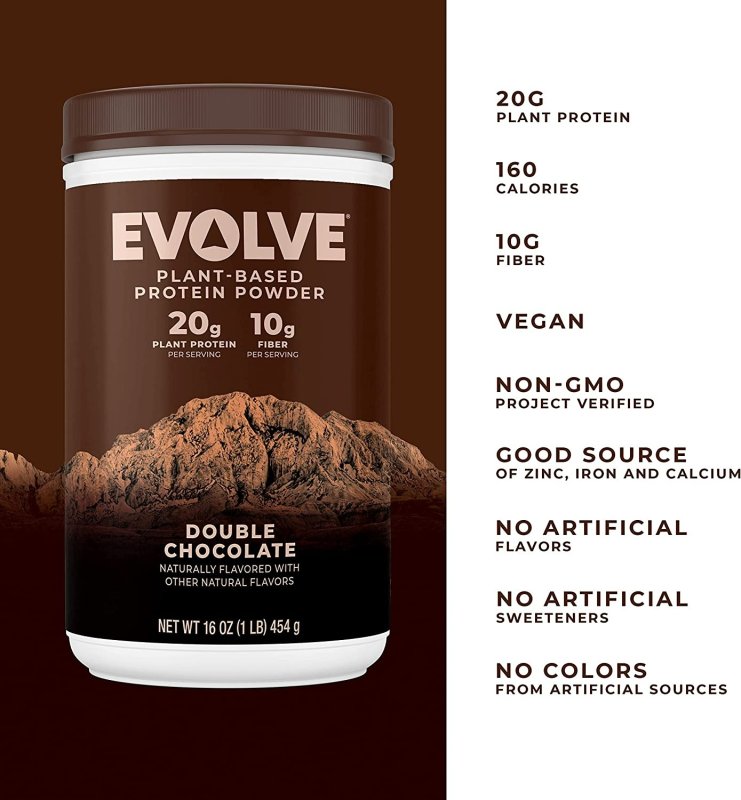 EVOLVE PLANT BASED PROTEIN POWDER - DOUBLE CHOCOLATE - 20G VEGAN PROTEIN - 16 OZ