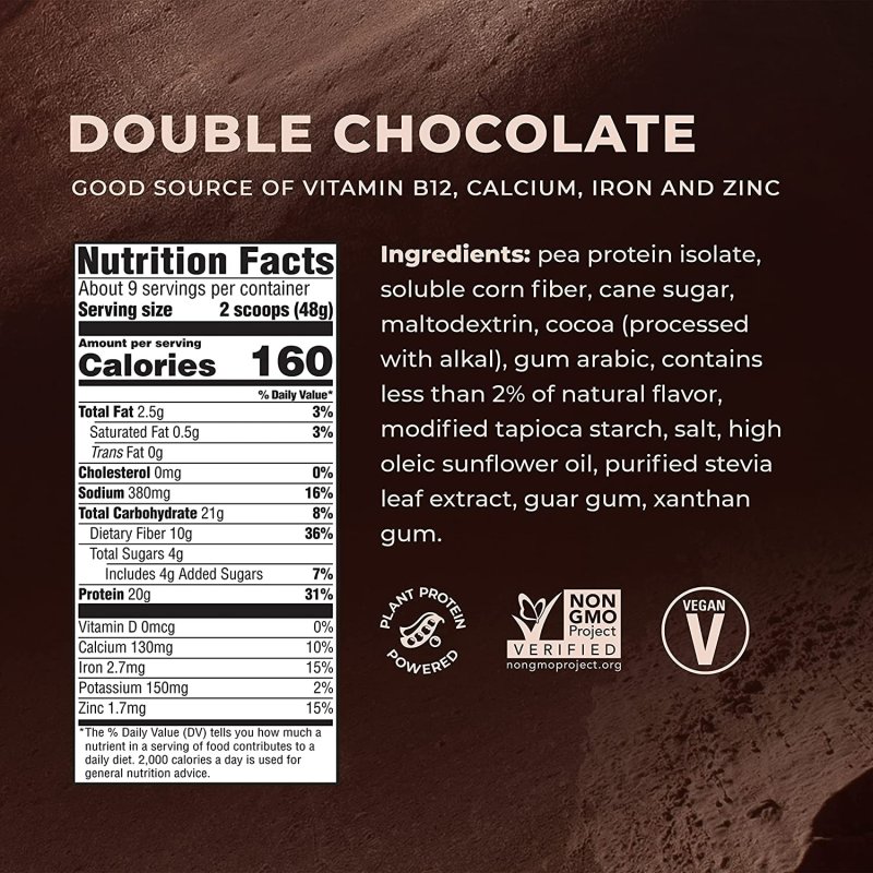 EVOLVE PLANT BASED PROTEIN POWDER - DOUBLE CHOCOLATE - 20G VEGAN PROTEIN - 16 OZ