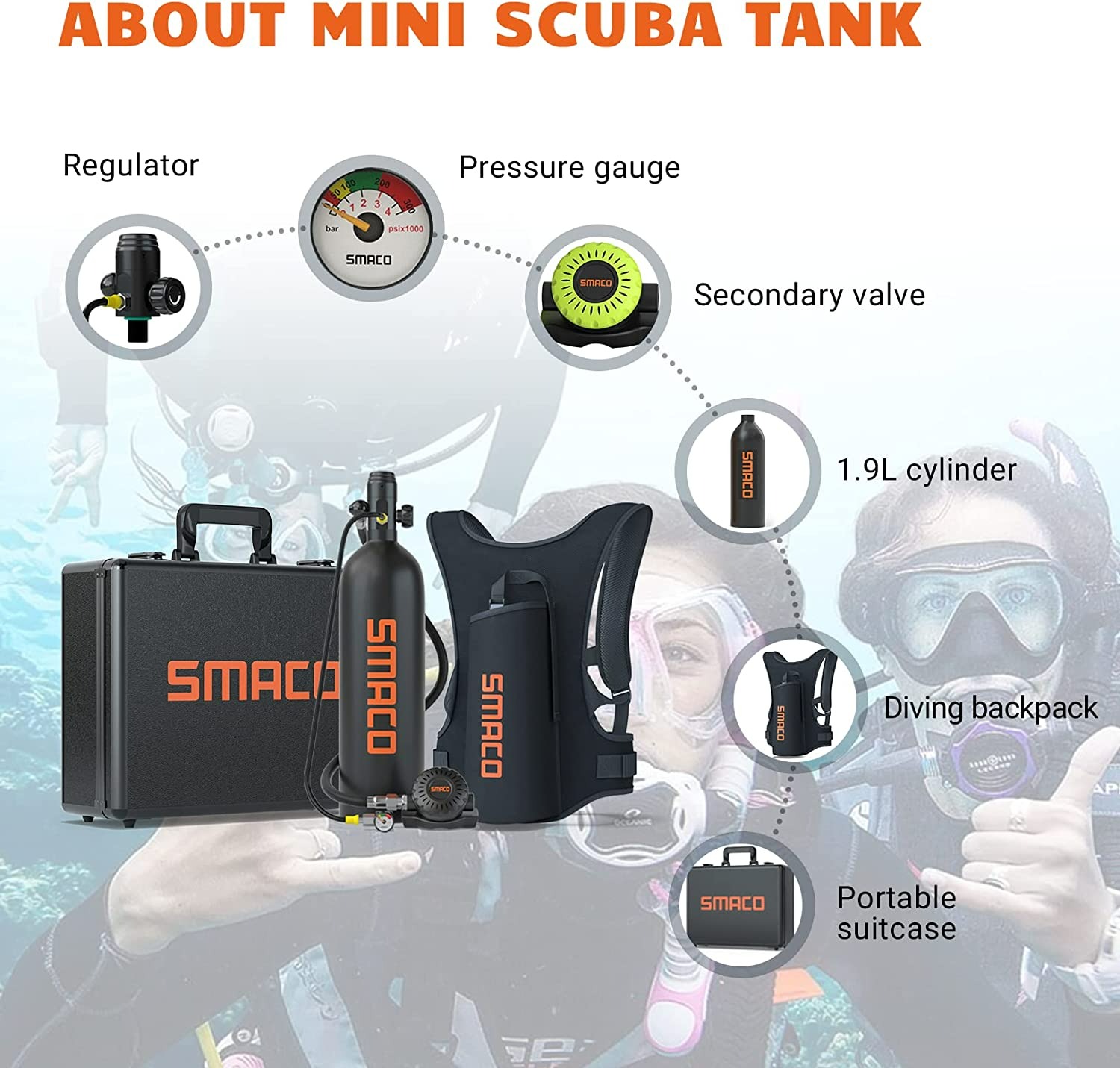 SMACO MINI SCUBA TANK 1.9L CAPACITY DIVING OXYGEN TANK