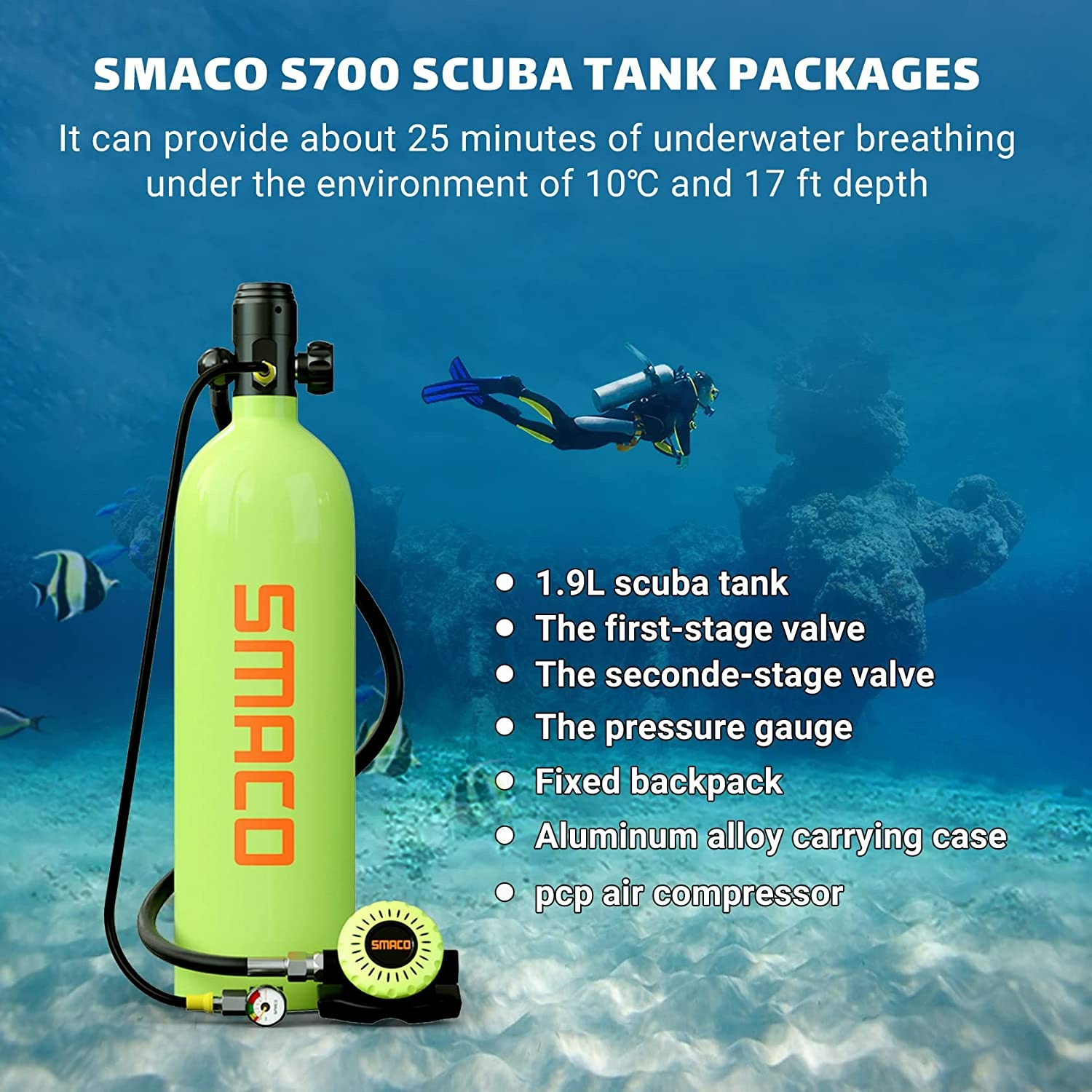 SMACO MINI SCUBA TANK 1.9L SCUBA DIVING TANK KIT