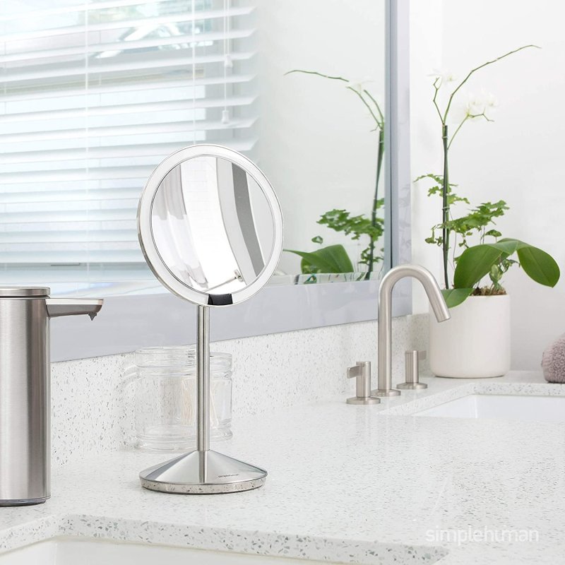 SIMPLEHUMAN FLOOR MOUNT ROUND RECHARGEABLE MINI TRAVEL SENSOR MAKEUP MIRROR