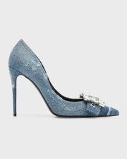 DOLCE&GABBANA PATCHWORK DENIM CRYSTAL-BUCKLE PUMPS