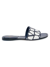 VALENTINO GARAVANI TOILE ICONOGRAPHE LEATHER SLIDE SANDALS