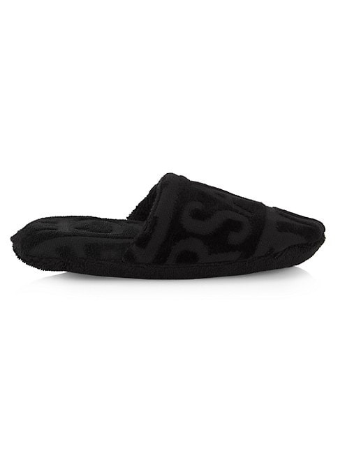 VERSACE TERRY JACQUARD LOGO ON REPEAT SLIPPERS - BLACK