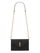 SAINT LAURENT CASSANDRE MATELASSé ENVELOPE CHAIN WALLET IN GRAIN DE POUDRE EMBOSSED LEATHER