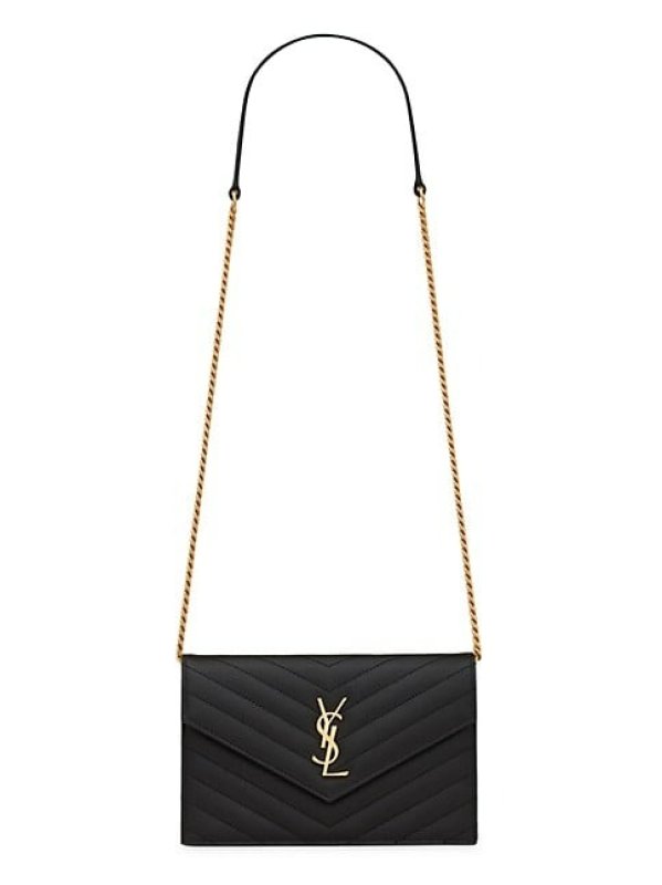 SAINT LAURENT CASSANDRE MATELASSé ENVELOPE CHAIN WALLET IN GRAIN DE POUDRE EMBOSSED LEATHER