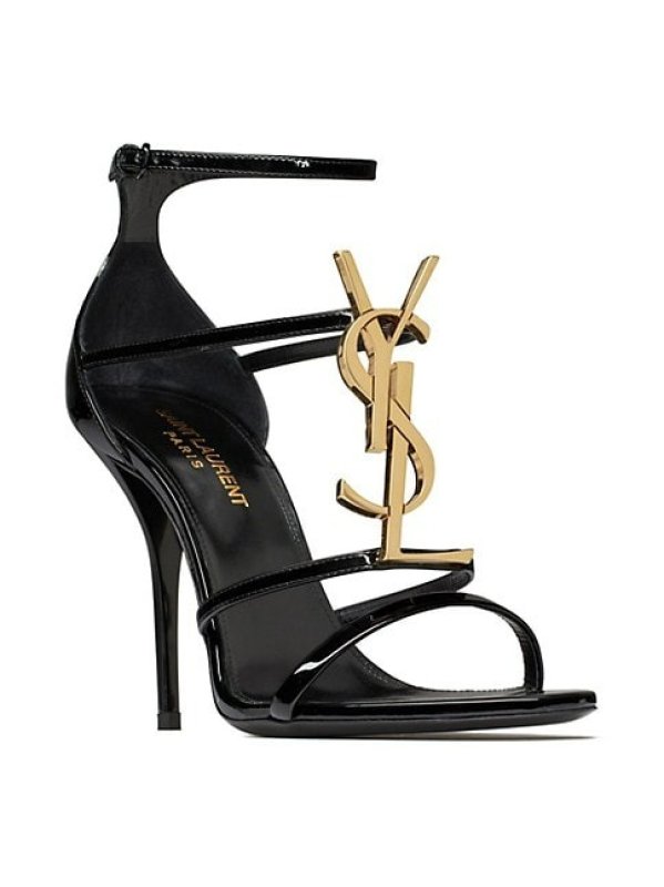 SAINT LAURENT CASSANDRA SANDALS IN PATENT LEATHER WITH GOLD-TONE MONOGRAM