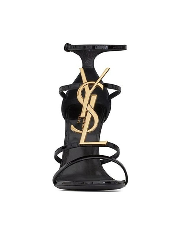 SAINT LAURENT CASSANDRA SANDALS IN PATENT LEATHER WITH GOLD-TONE MONOGRAM