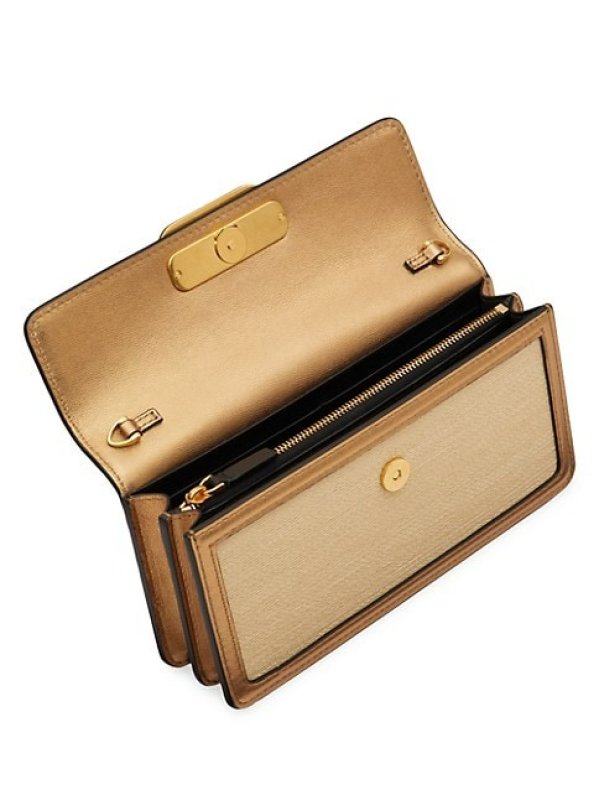 VALENTINO GARAVANI VLOGO SIGNATURE WALLET WITH CHAIN IN RAFFIA AND METALLIC CALFSKIN LEATHER