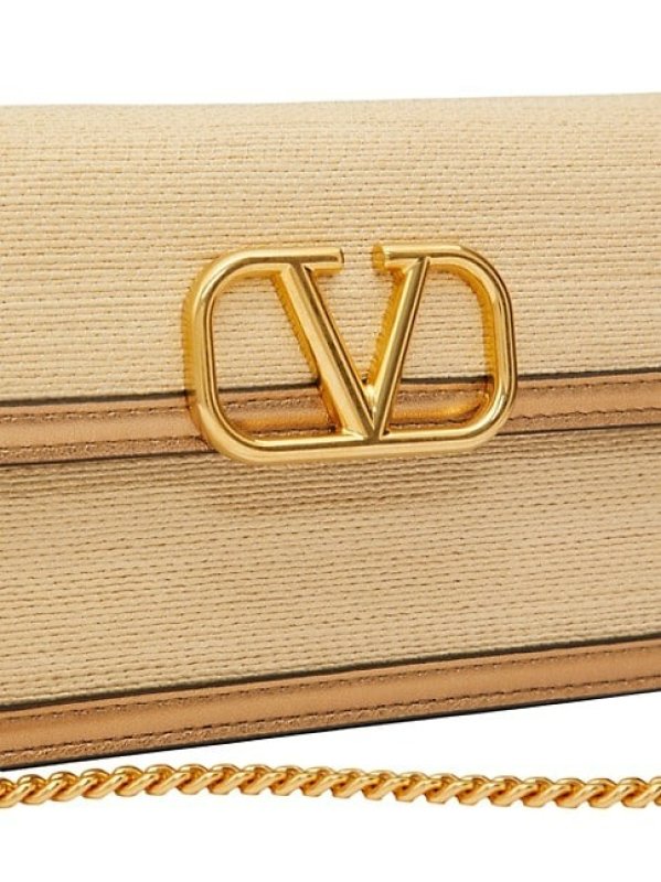 VALENTINO GARAVANI VLOGO SIGNATURE WALLET WITH CHAIN IN RAFFIA AND METALLIC CALFSKIN LEATHER