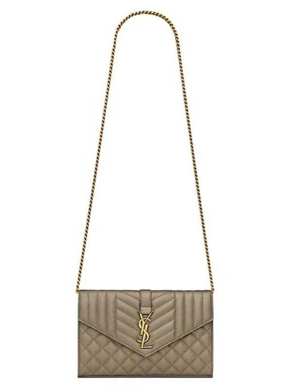 SAINT LAURENT ENVELOPE CHAIN WALLET IN MIX MATELASS METALLIC GRAIN DE POUDRE EMBOSSED LEATHER