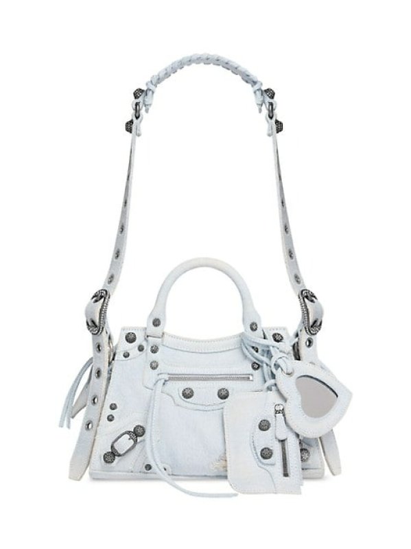 BALENCIAGA NEO CAGOLE XS TOP HANDLE HANDBAG DENIM WITH RHINESTONES