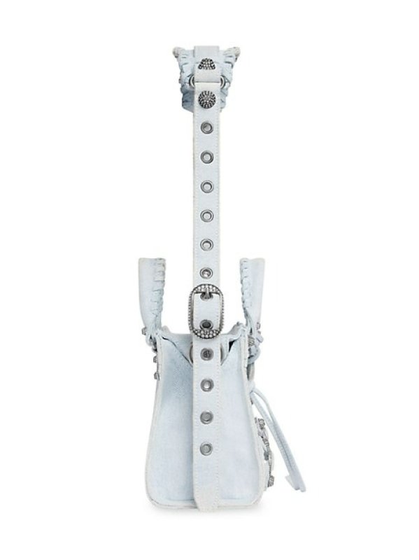 BALENCIAGA NEO CAGOLE XS TOP HANDLE HANDBAG DENIM WITH RHINESTONES