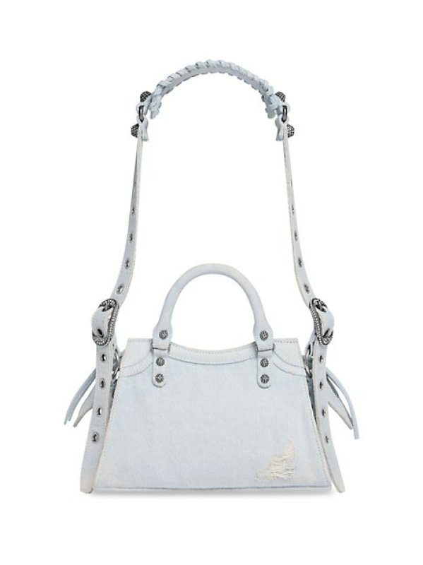 BALENCIAGA NEO CAGOLE XS TOP HANDLE HANDBAG DENIM WITH RHINESTONES