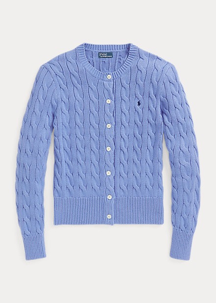 POLO RALPH LAUREN CABLE-KNIT COTTON CREWNECK CARDIGAN - NEW LITCHFIELD BLUE
