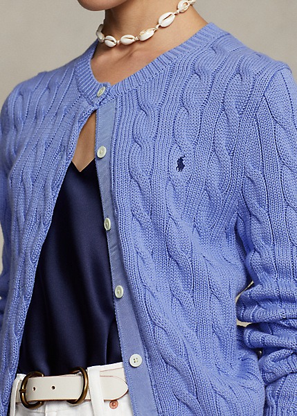 POLO RALPH LAUREN CABLE-KNIT COTTON CREWNECK CARDIGAN - NEW LITCHFIELD BLUE
