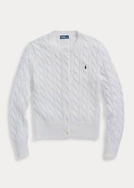 POLO RALPH LAUREN CABLE-KNIT COTTON CREWNECK CARDIGAN - WHITE