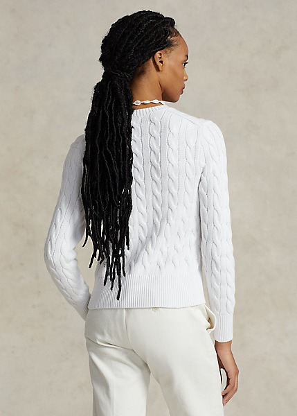 POLO RALPH LAUREN CABLE-KNIT COTTON CREWNECK CARDIGAN - WHITE