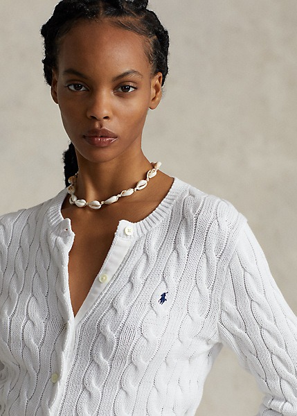 POLO RALPH LAUREN CABLE-KNIT COTTON CREWNECK CARDIGAN - WHITE