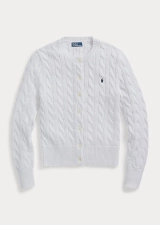 POLO RALPH LAUREN CABLE-KNIT COTTON CREWNECK CARDIGAN - WHITE