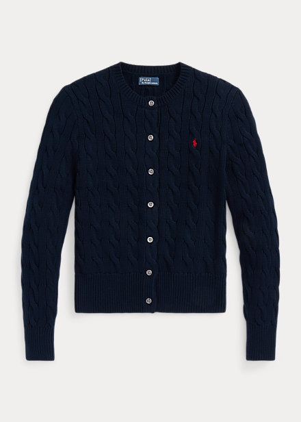 POLO RALPH LAUREN CABLE-KNIT COTTON CREWNECK CARDIGAN - NAVY