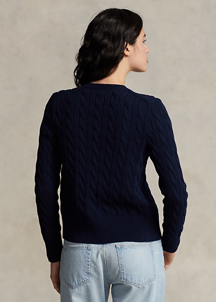 POLO RALPH LAUREN CABLE-KNIT COTTON CREWNECK CARDIGAN - NAVY