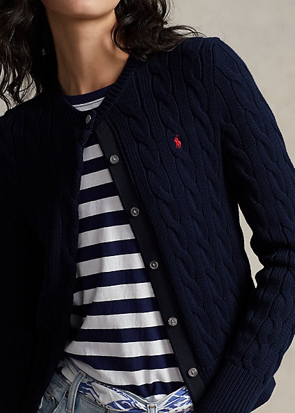 POLO RALPH LAUREN CABLE-KNIT COTTON CREWNECK CARDIGAN - NAVY