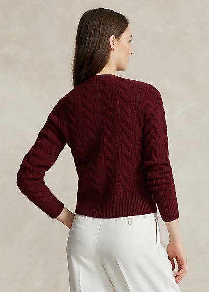 POLO RALPH LAUREN CABLE-KNIT WOOL-CASHMERE CARDIGAN - GARNET RED MELANGE