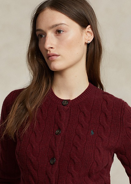 POLO RALPH LAUREN CABLE-KNIT WOOL-CASHMERE CARDIGAN - GARNET RED MELANGE