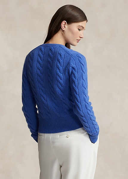 POLO RALPH LAUREN CABLE-KNIT WOOL-CASHMERE CARDIGAN - NEW ENGLAND BLUE