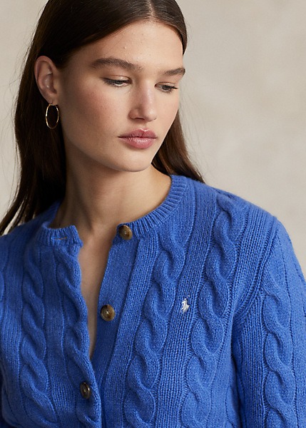 POLO RALPH LAUREN CABLE-KNIT WOOL-CASHMERE CARDIGAN - NEW ENGLAND BLUE