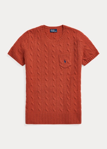 POLO RALPH LAUREN CABLE WOOL-CASHMERE SHORT-SLEEVE SWEATER - FADED RED