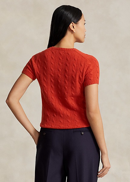 POLO RALPH LAUREN CABLE WOOL-CASHMERE SHORT-SLEEVE SWEATER - FADED RED