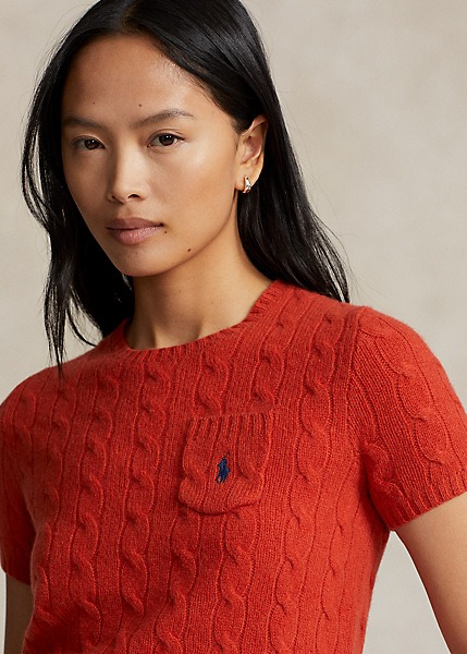 POLO RALPH LAUREN CABLE WOOL-CASHMERE SHORT-SLEEVE SWEATER - FADED RED
