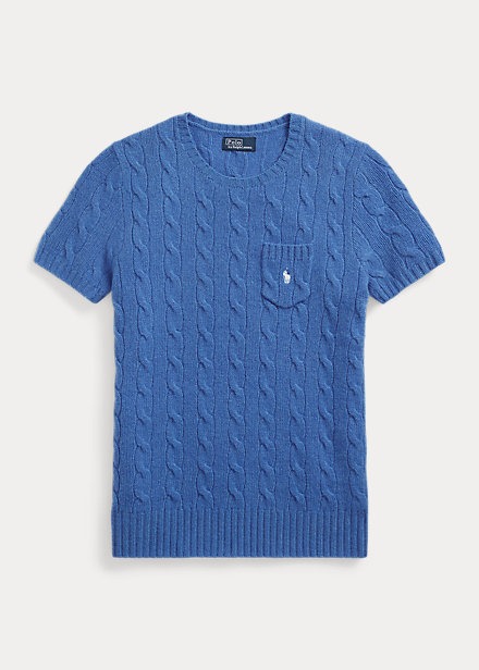 POLO RALPH LAUREN CABLE WOOL-CASHMERE SHORT-SLEEVE SWEATER - NEW ENGLAND BLUE