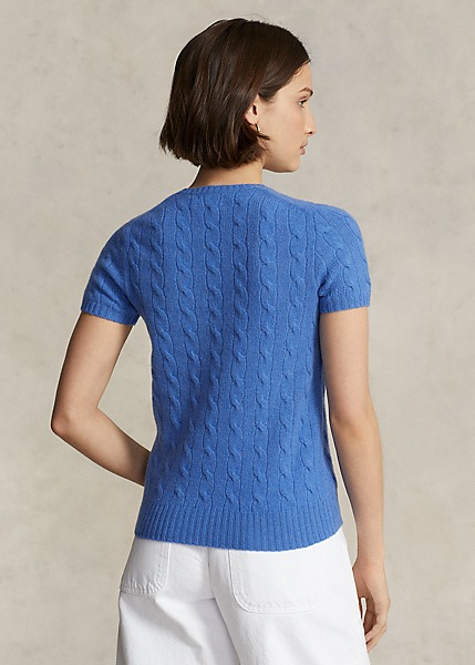 POLO RALPH LAUREN CABLE WOOL-CASHMERE SHORT-SLEEVE SWEATER - NEW ENGLAND BLUE