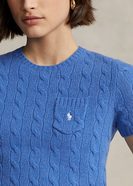 POLO RALPH LAUREN CABLE WOOL-CASHMERE SHORT-SLEEVE SWEATER - NEW ENGLAND BLUE